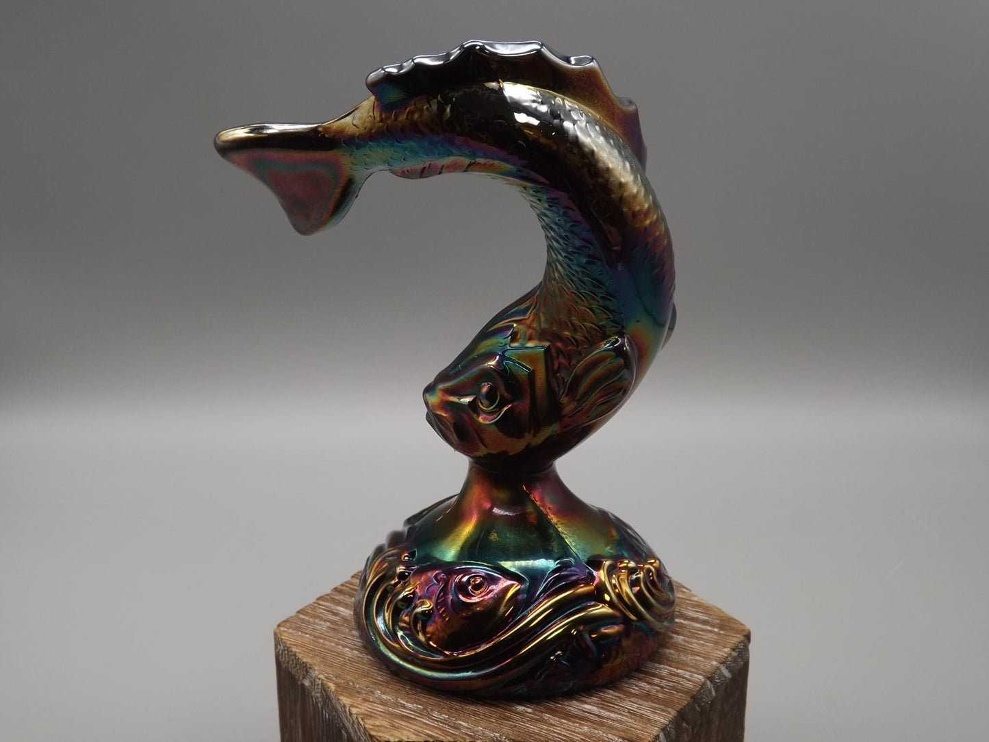 Vintage Fenton Hand painted Amethyst Iridescent Carnival glass Koi/Trout Figure. Made in the 1970's.