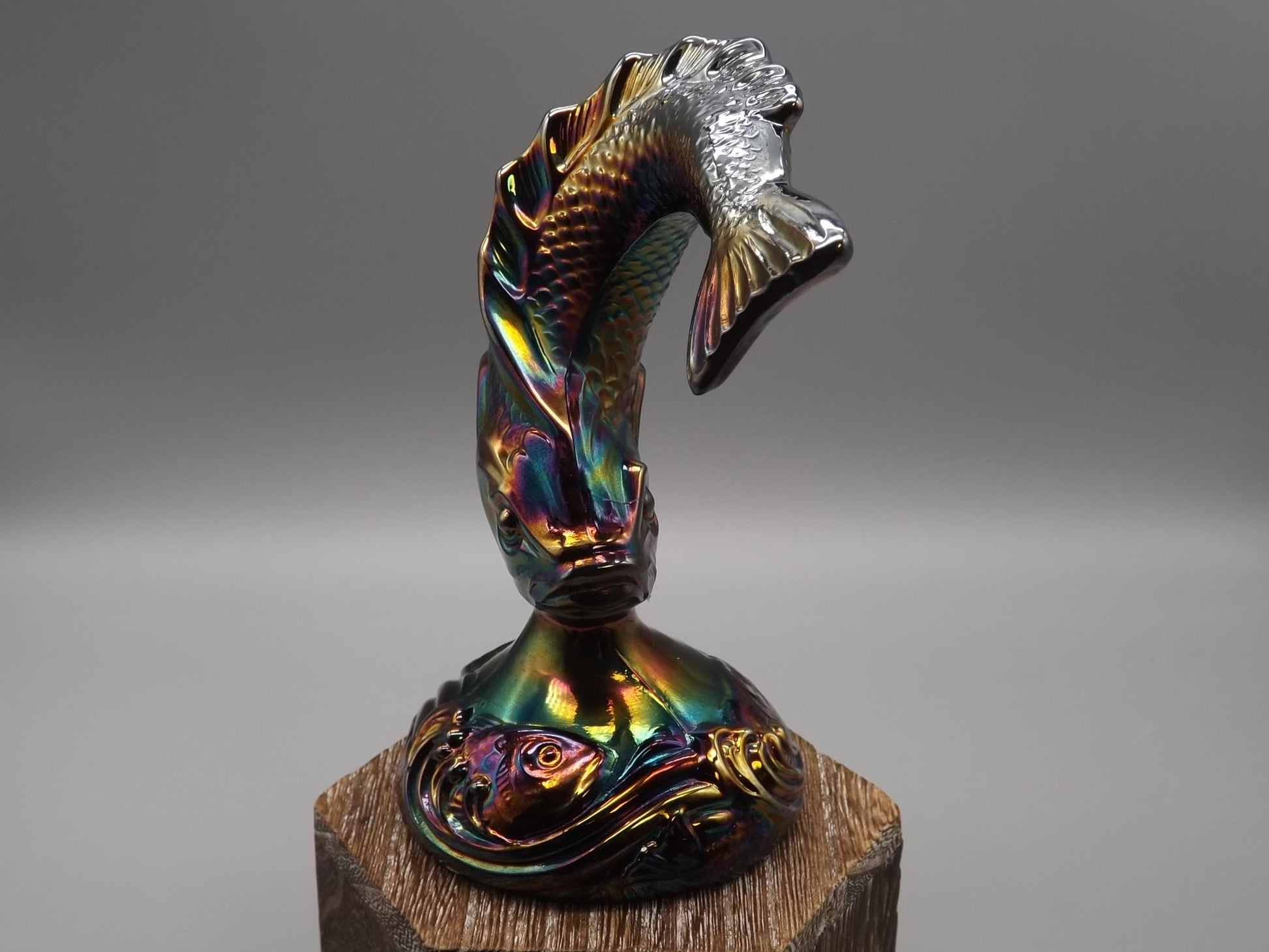 Vintage Fenton Hand painted Amethyst Iridescent Carnival glass Koi/Trout Figure. Made in the 1970's.