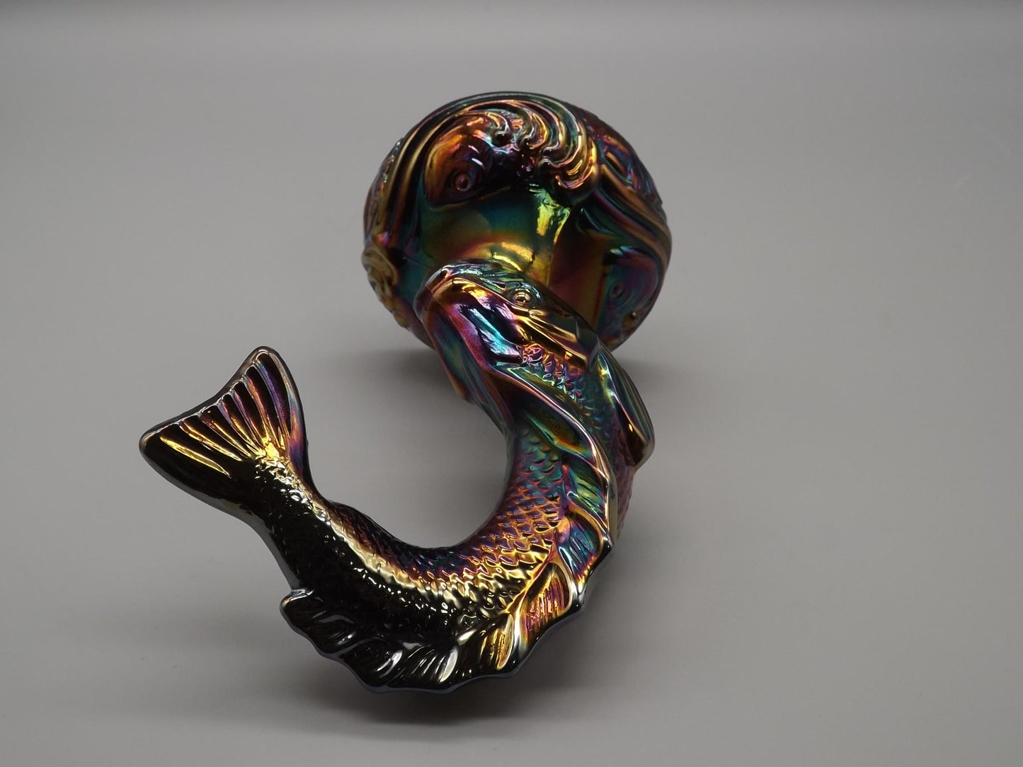 Vintage Fenton Hand painted Amethyst Iridescent Carnival glass Koi/Trout Figure. Made in the 1970's.