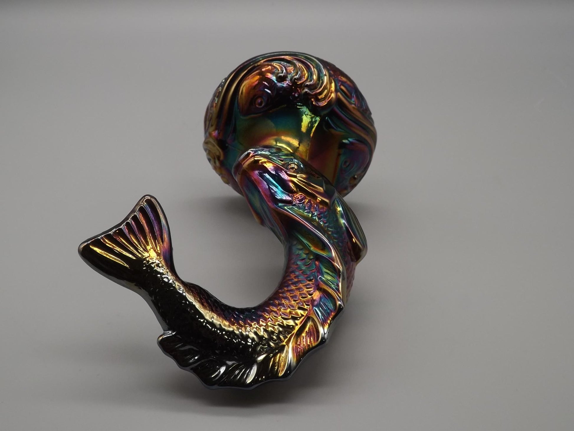 Vintage Fenton Hand painted Amethyst Iridescent Carnival glass Koi/Trout Figure. Made in the 1970's.