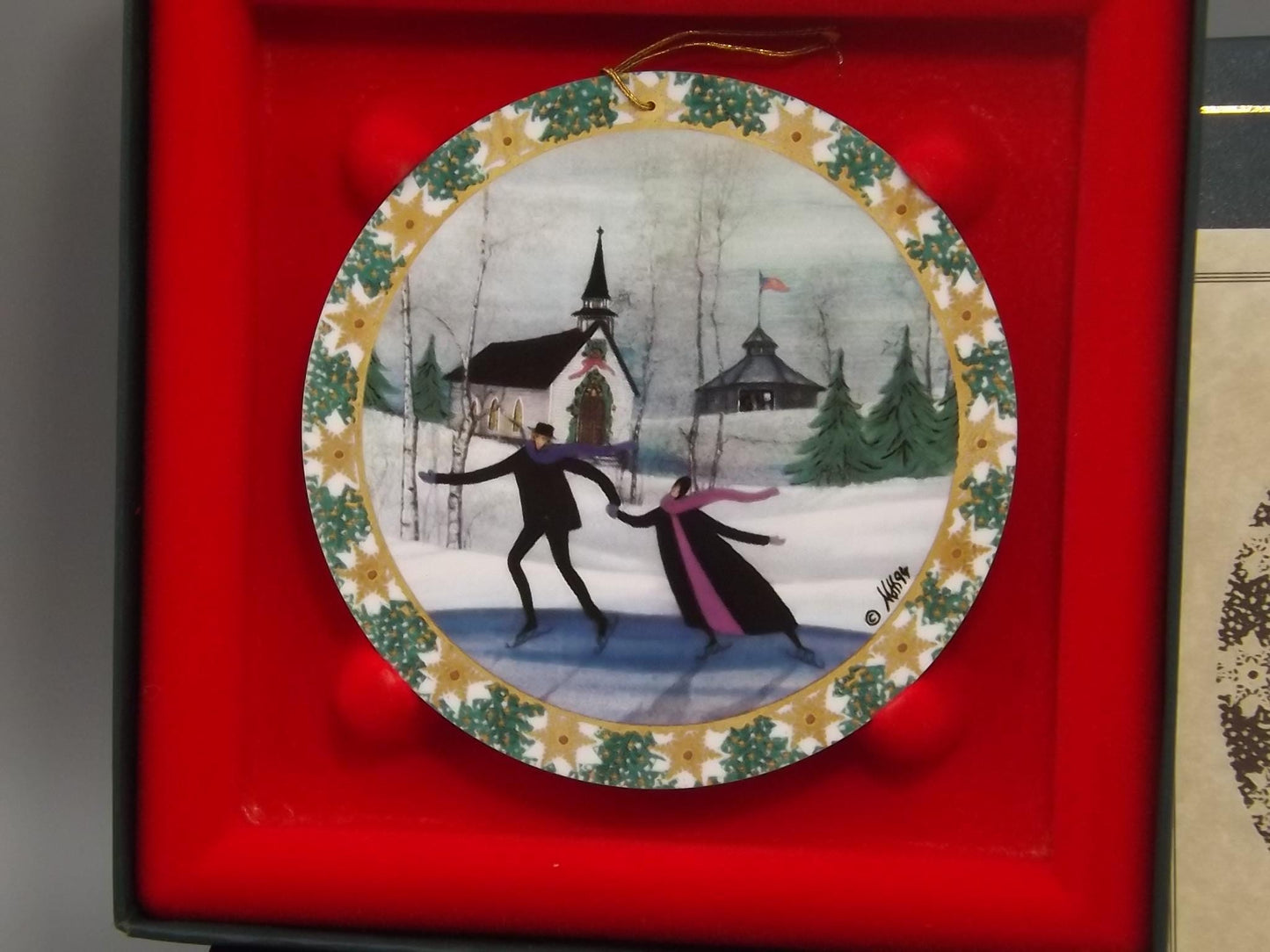 Vintage 1994 P Buckley Moss Porcelain Ornament "Christmas Skaters"