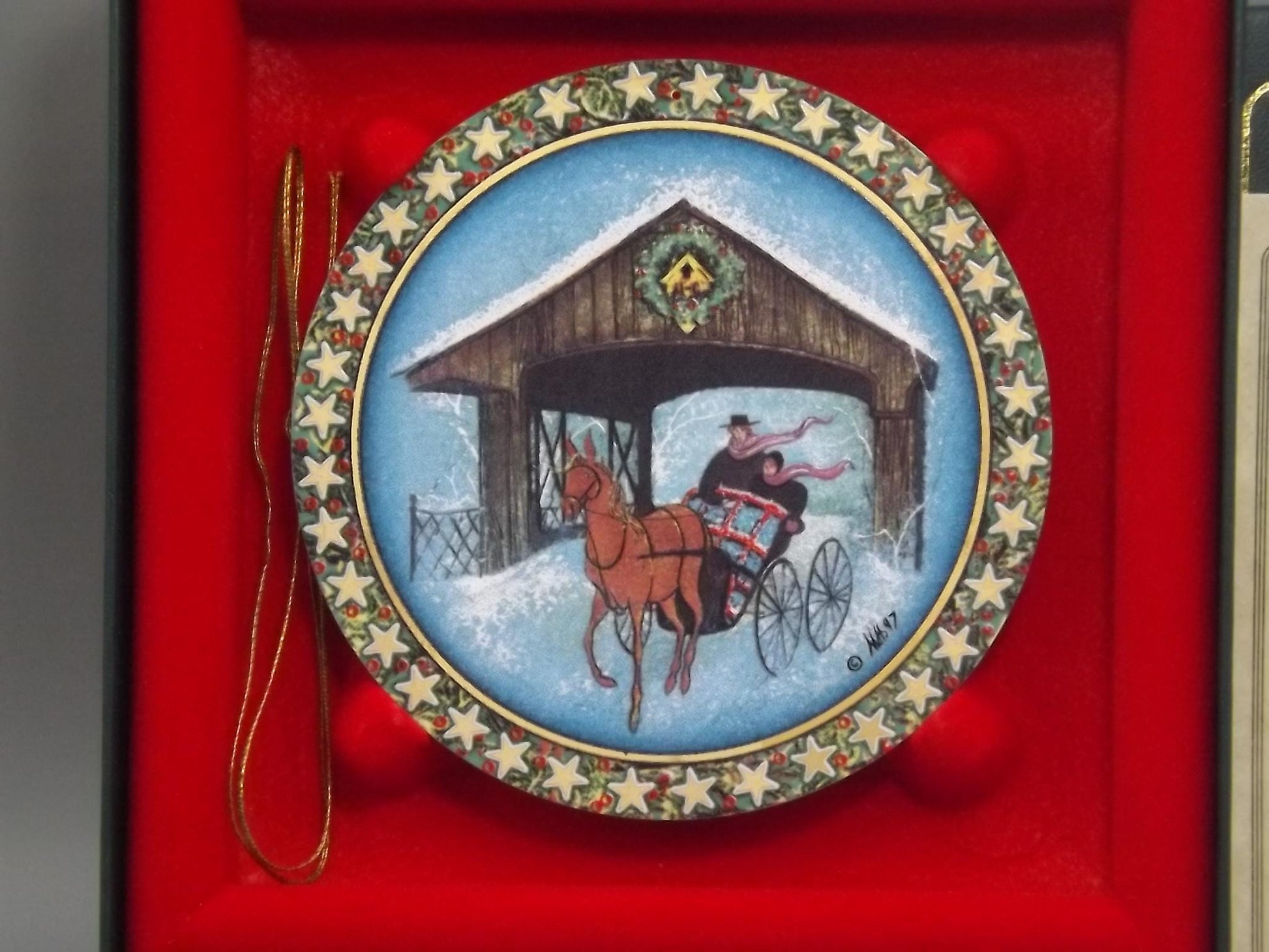 Vintage 1997 P Buckley Moss Porcelain Ornament "The bridge at longrove"