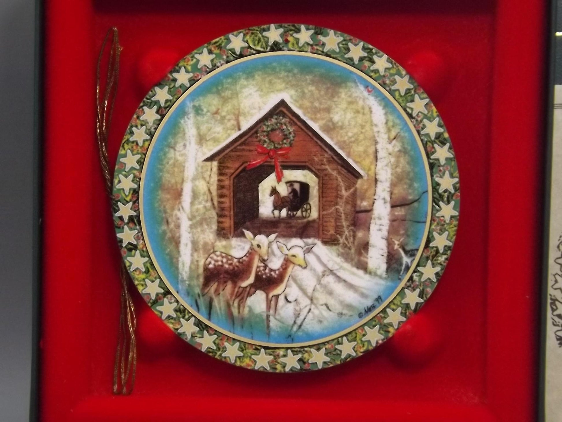 Vintage 1999 P Buckley Moss Porcelain Ornament "Winter at Bottom Bridge"