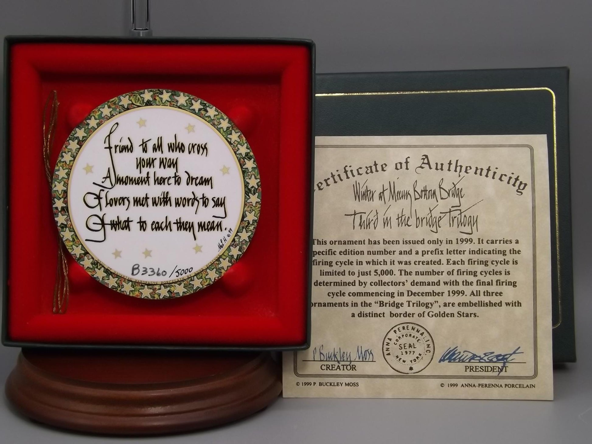 Vintage 1999 P Buckley Moss Porcelain Ornament "Winter at Bottom Bridge"