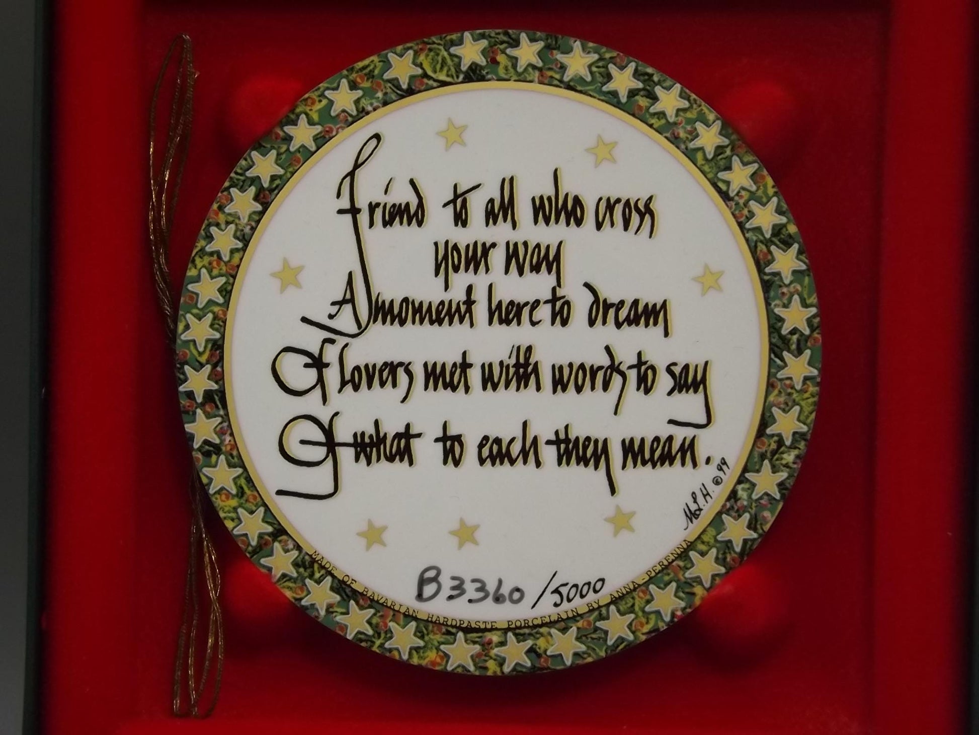 Vintage 1999 P Buckley Moss Porcelain Ornament "Winter at Bottom Bridge"