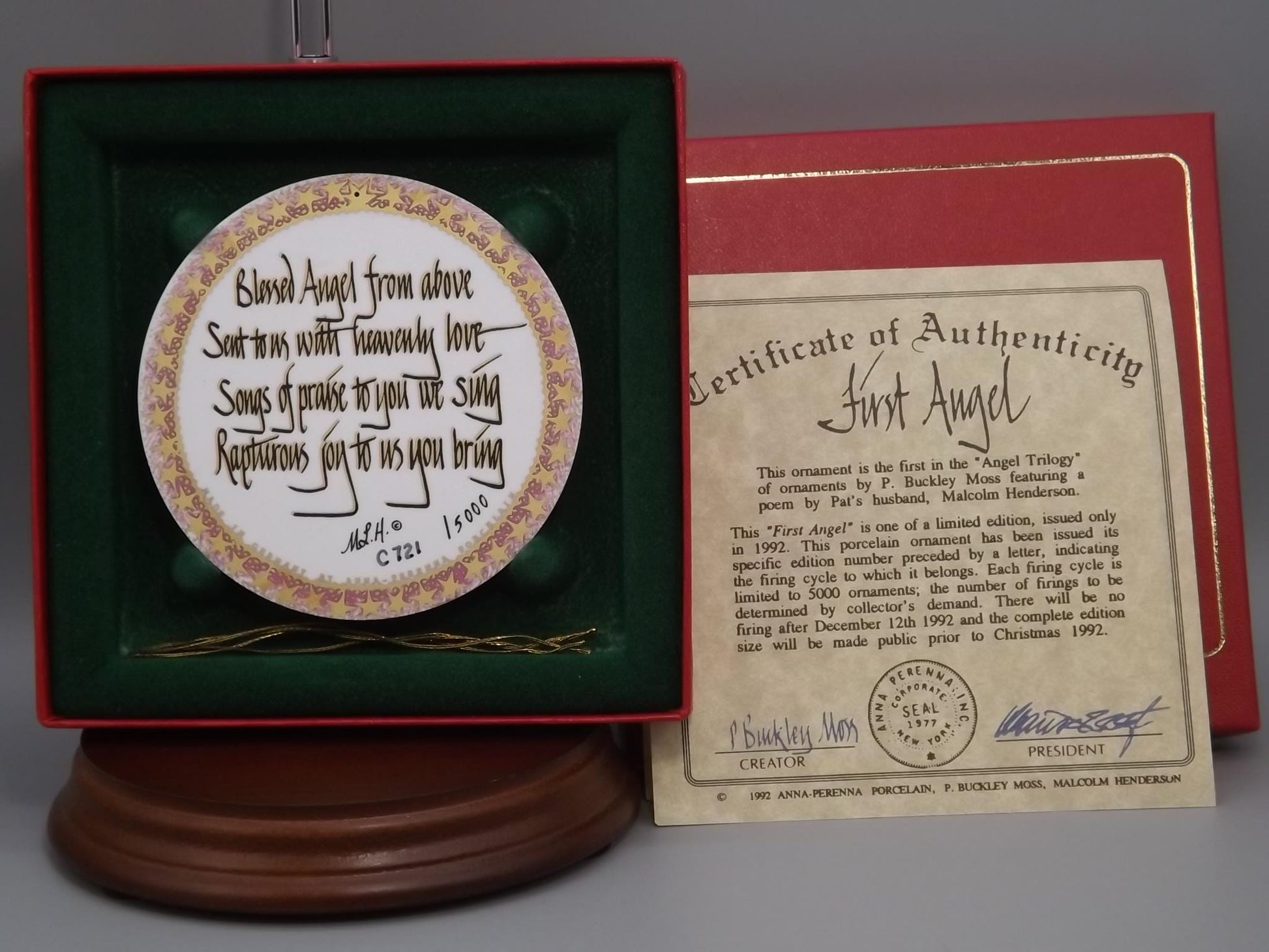 Vintage 1992 P Buckley Moss Porcelain Ornament "First Angel"