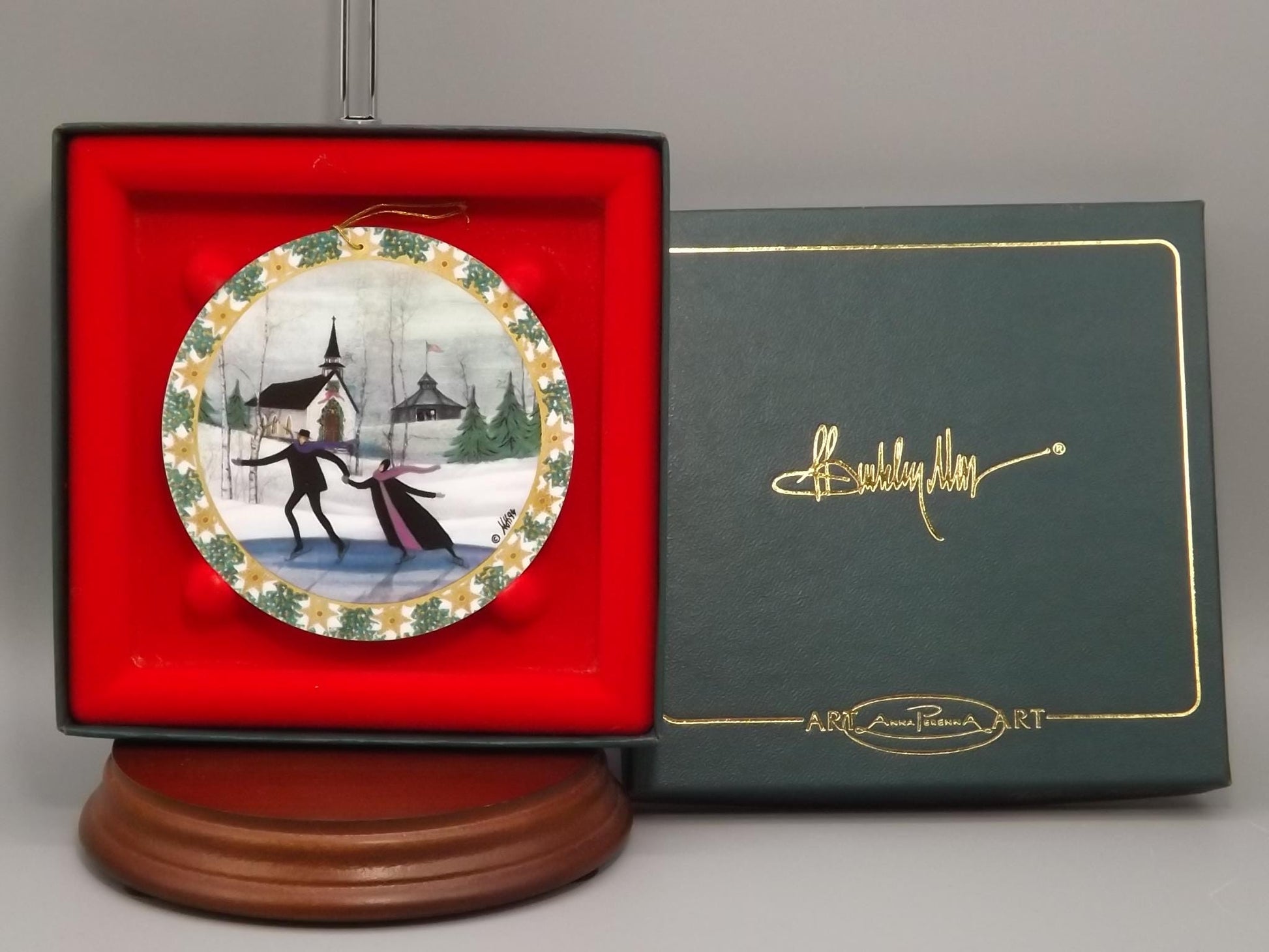 Vintage 1994 P Buckley Moss Porcelain Ornament "Christmas Skaters"