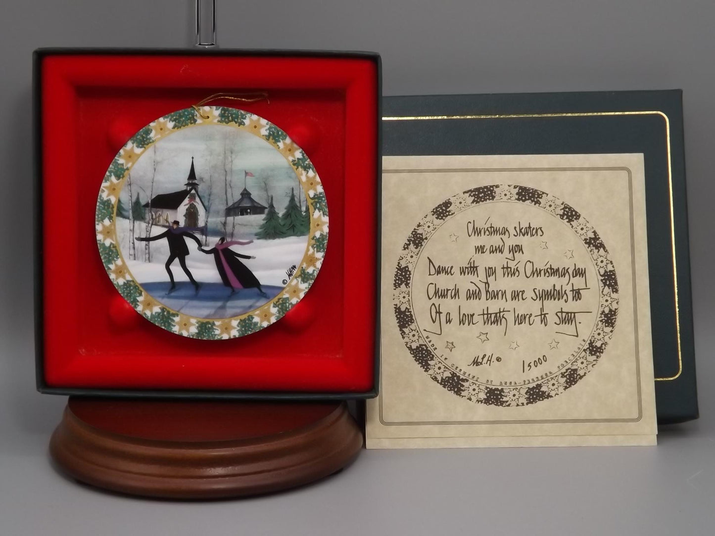 Vintage 1994 P Buckley Moss Porcelain Ornament "Christmas Skaters"