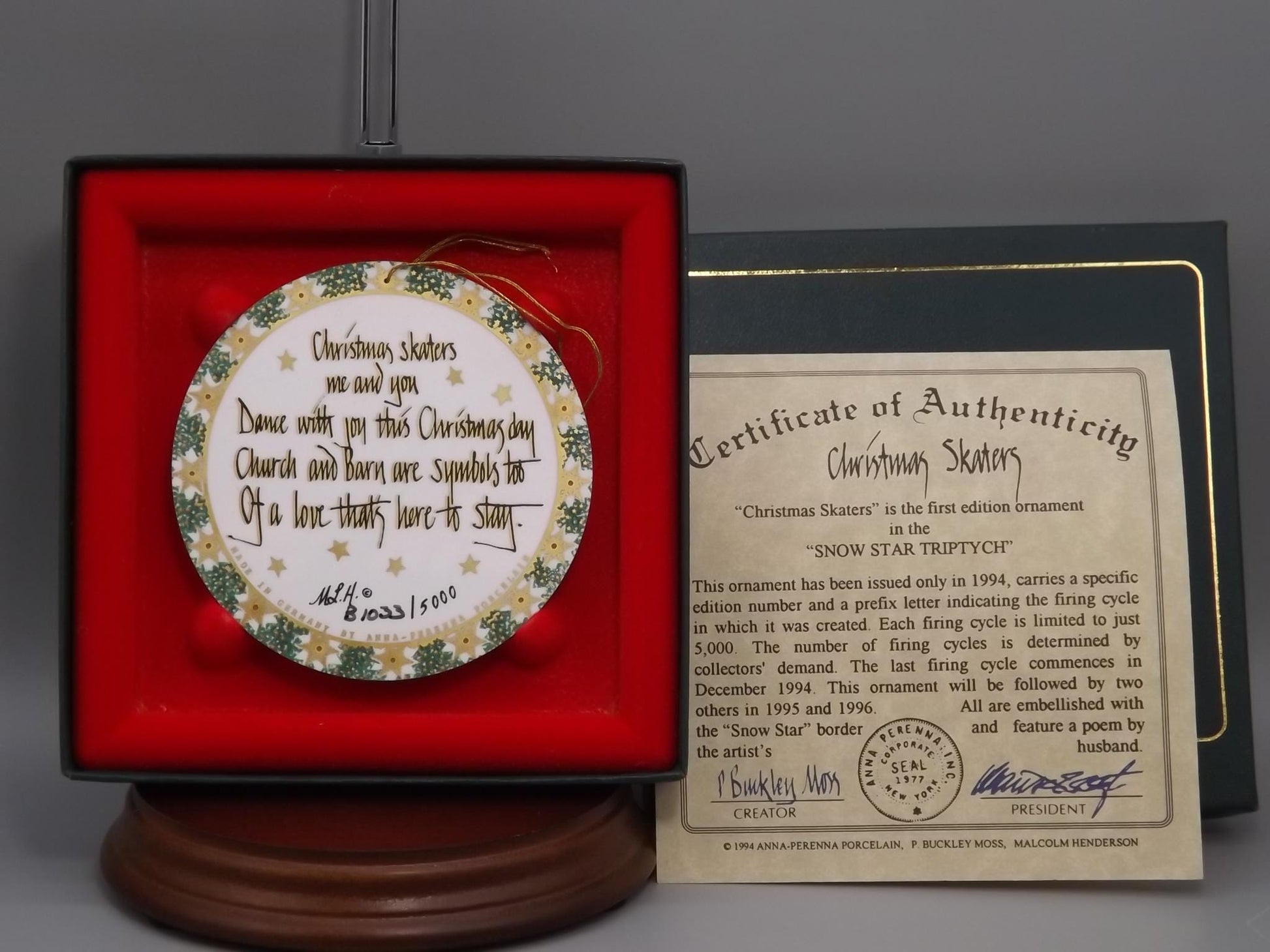 Vintage 1994 P Buckley Moss Porcelain Ornament "Christmas Skaters"