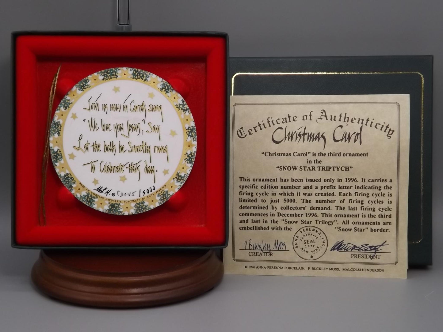 Vintage 1994 P Buckley Moss Porcelain Ornament "Christmas Carol"