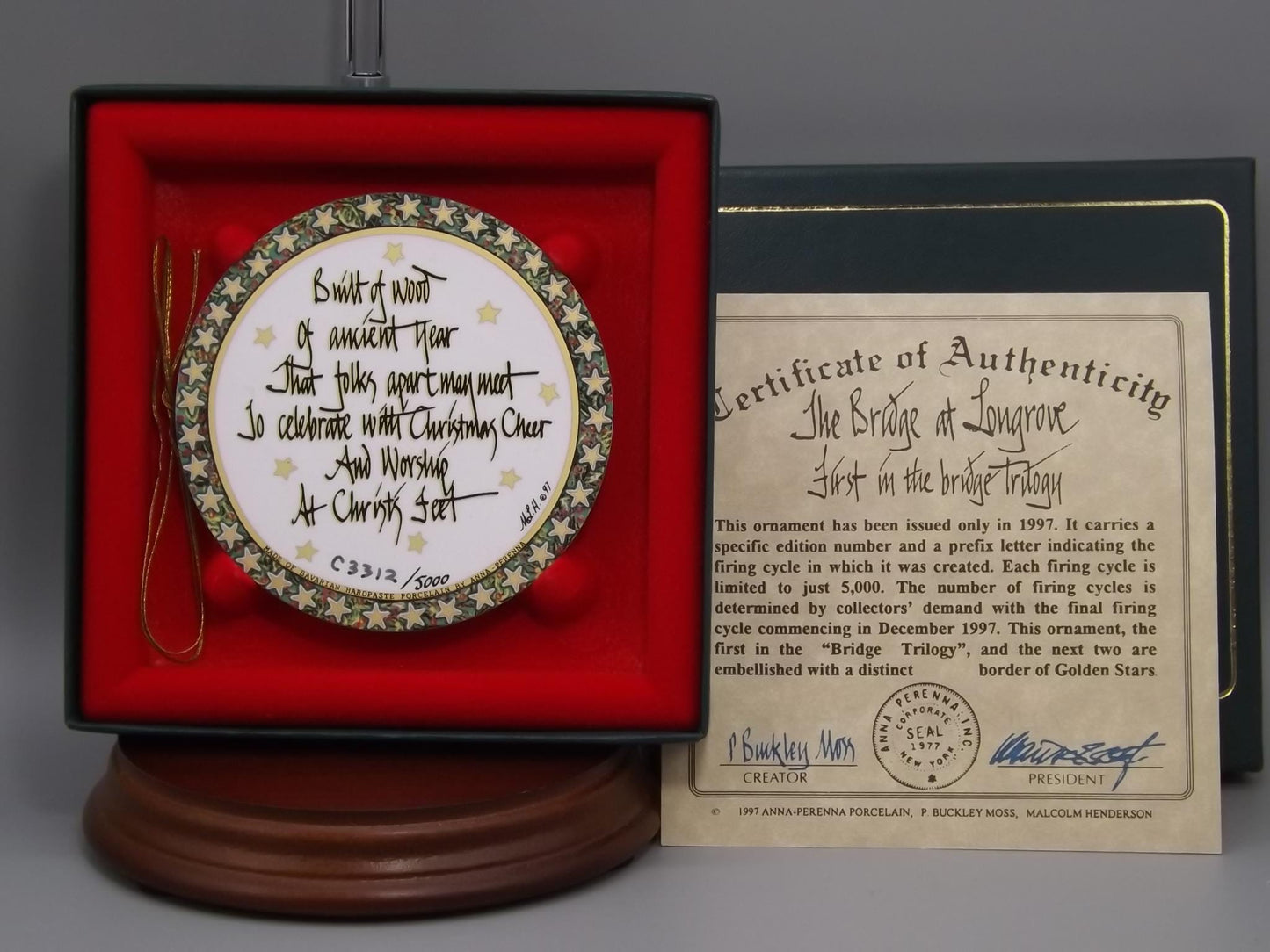 Vintage 1997 P Buckley Moss Porcelain Ornament "The bridge at longrove"