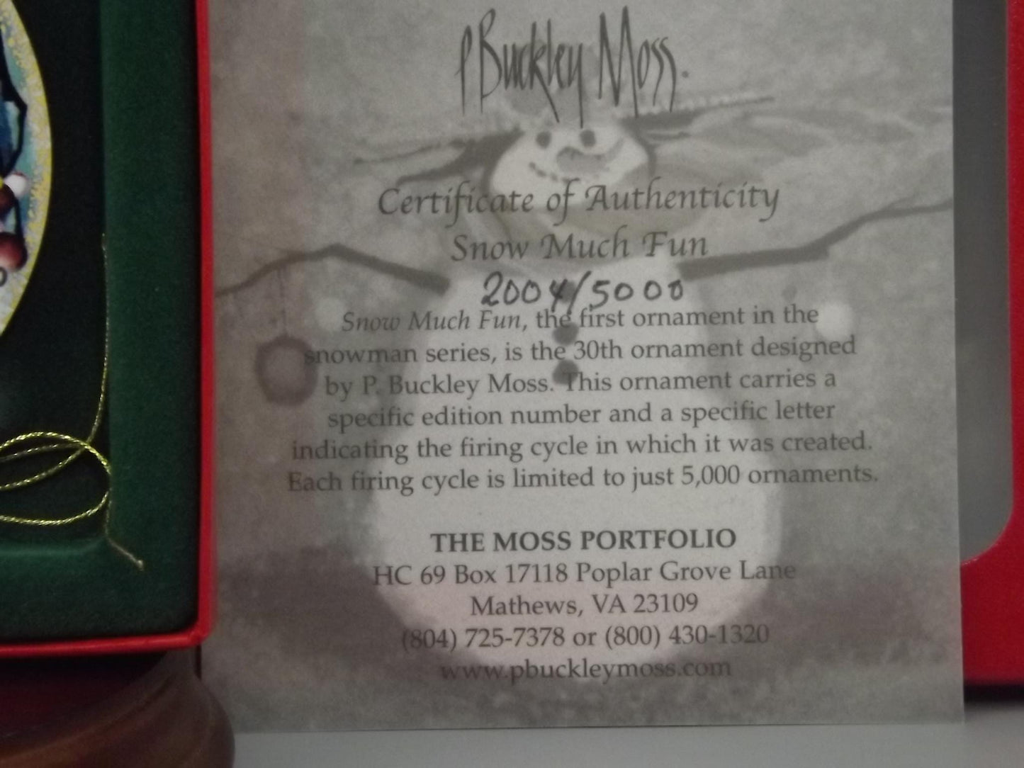 Vintage 2002 P Buckley Moss Porcelain Ornament "Snow much fun"