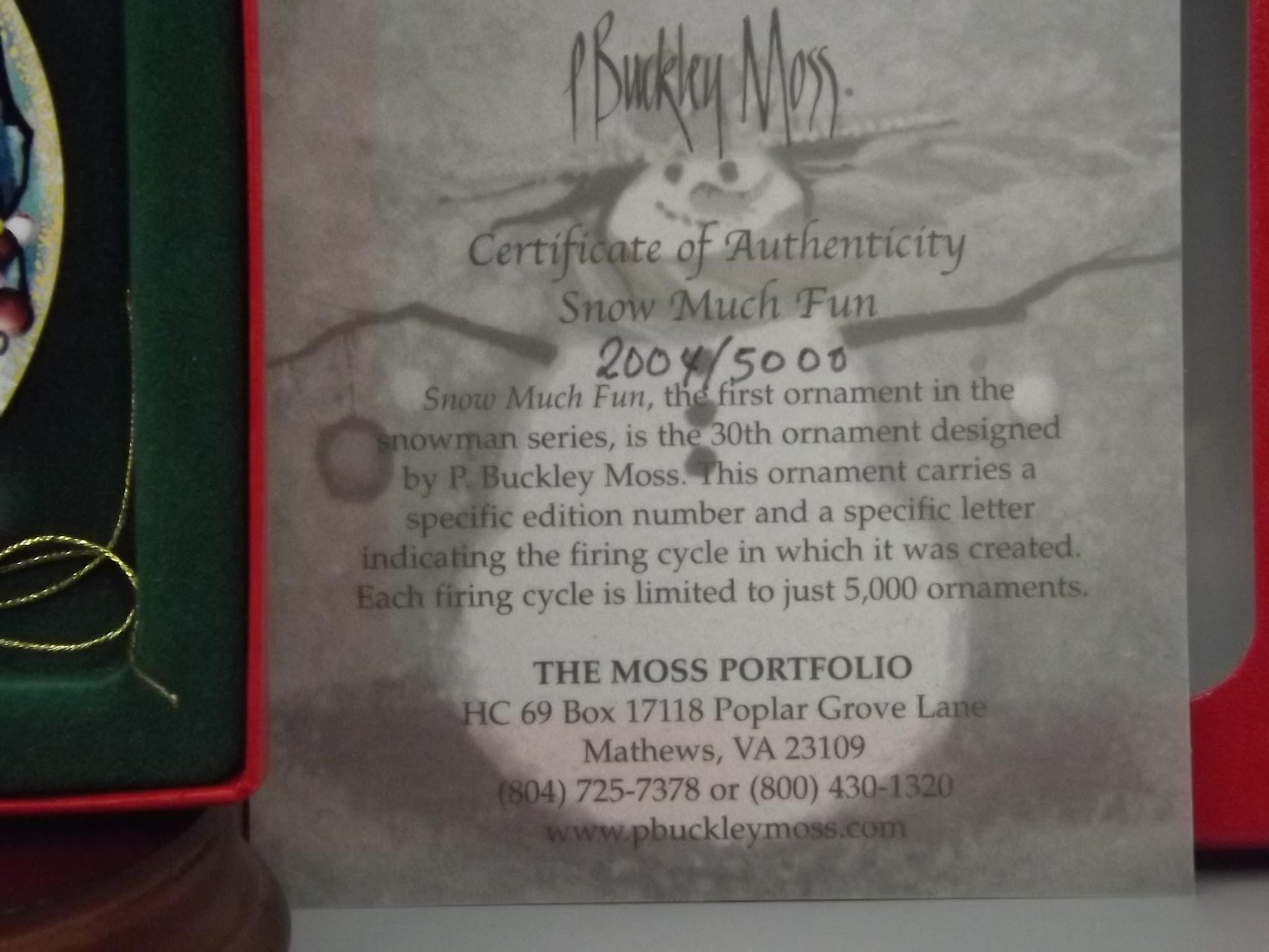 Vintage 2002 P Buckley Moss Porcelain Ornament "Snow much fun"