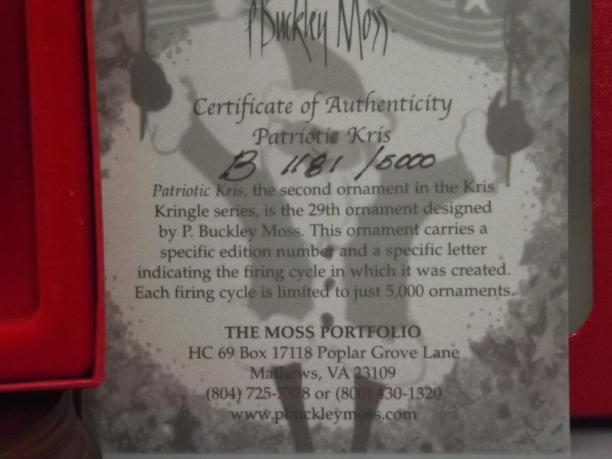 Vintage 2002 P Buckley Moss Porcelain Ornament "Patriotic Kris"