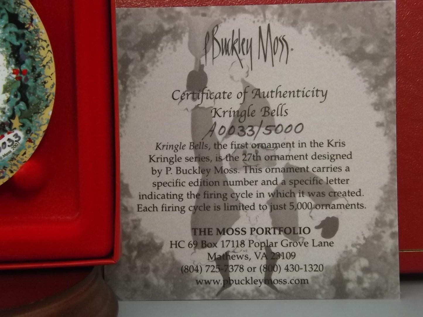Vintage 2001 P Buckley Moss Porcelain Ornament "Kringle Bells"