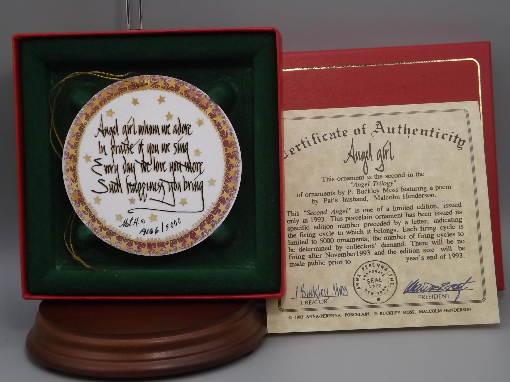 Vintage 1993 P Buckley Moss Porcelain Ornament "Angel Girl aka second angel"